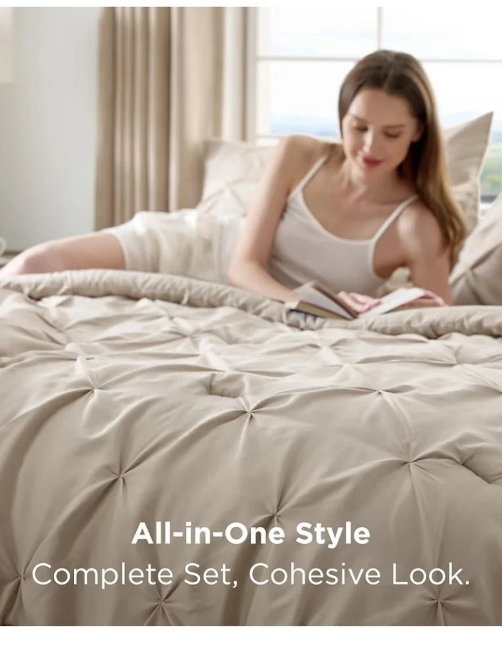 Bedsure Full Comforter 7 Piece Set. Bed in a Bag Gentlesoft Pintuck - Beige
